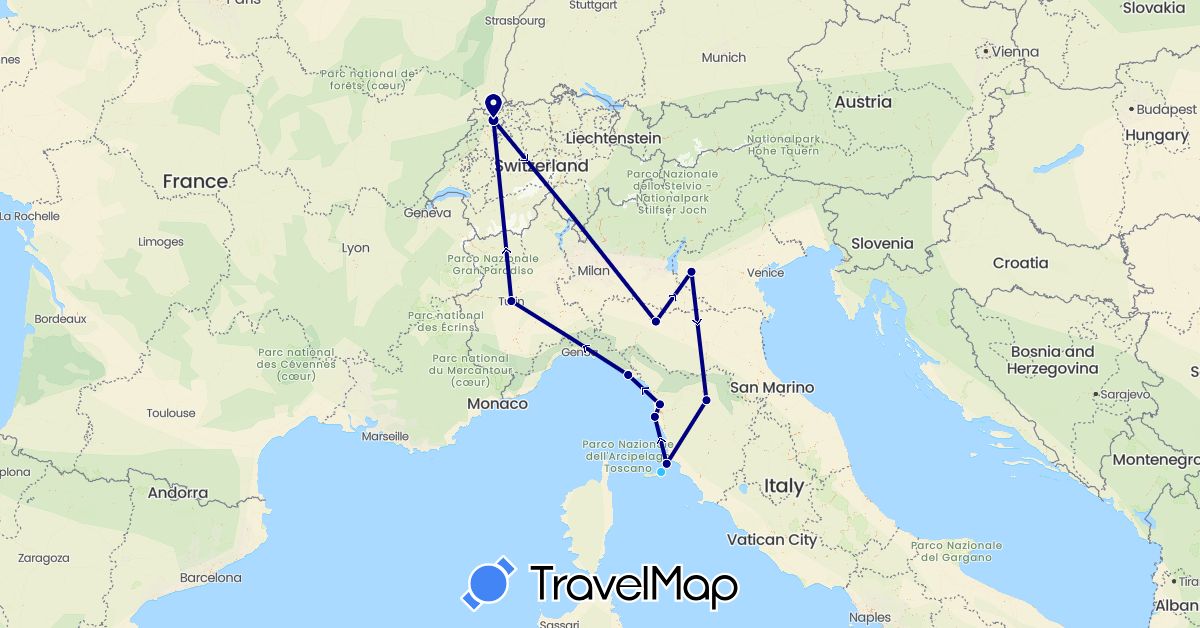 TravelMap itinerary: driving, boat in Switzerland, Italy (Europe)